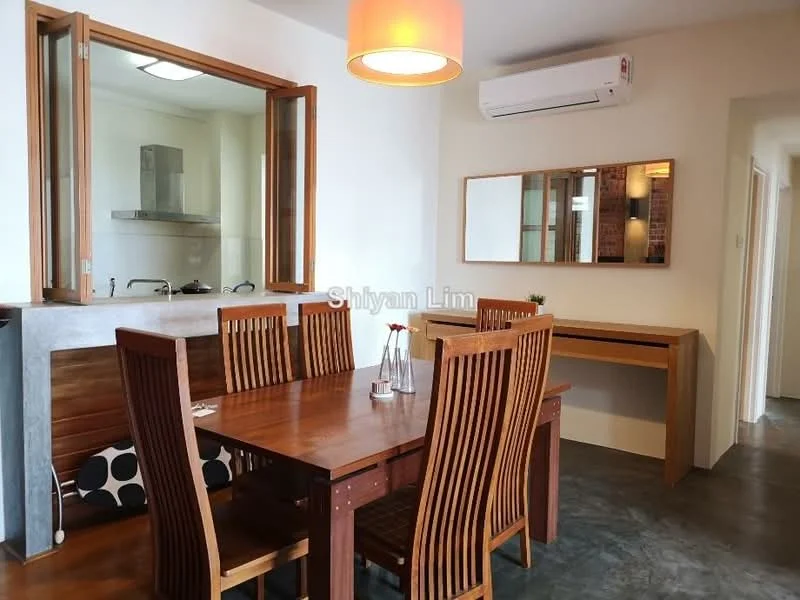 Dining features: wooden dining table, 6 wooden dining chairs, pendant light fixture, wall-mounted mirror, air conditioning unit, open window to kitchen, decorative wall shelf, concrete flooring; style: modern. Kitchen features: stainless-steel range hood, built-in kitchen cabinetry, unknown appliances; style: modern.