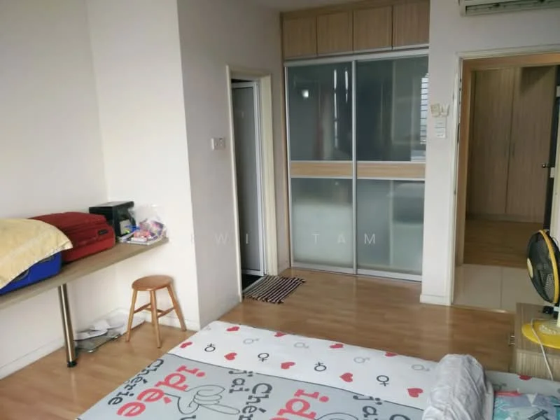 Room features: laminate flooring, white painted walls, built-in wardrobe with sliding doors, small wooden stool, bed with bedding, doorway leading to another room, window with natural light, ceiling-mounted air conditioning unit; style: modern.