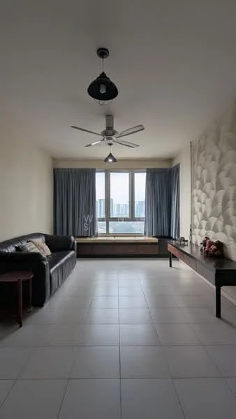 Living features: 3-seater leather sofa in black, coffee table, wall-mounted TV console, floor-to-ceiling windows, curtains in blue, ceiling fan with light, tile flooring in white, decorative wall with textured panel; style: modern; view: city.