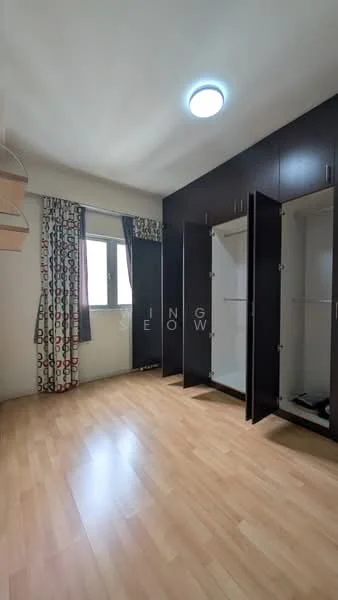 Bedroom features: laminate flooring, white painted walls, built-in wardrobe with sliding doors, floor-to-ceiling window, curtains with geometric pattern, ceiling light fixture; style: modern.