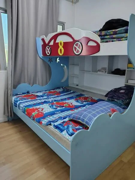 Bedroom features: bunk bed with car design, blue bed frame, colorful bedding with cartoon patterns, wooden flooring, curtains, built-in shelving, wall-mounted stars decoration; style: modern.