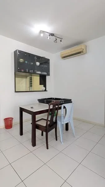 Dining features: white painted walls, tile flooring, 1 wall-mounted split AC, 4-bulb track lighting, black dining table, 2 dining chairs, glass-front upper cabinets, red waste bin; style: modern.