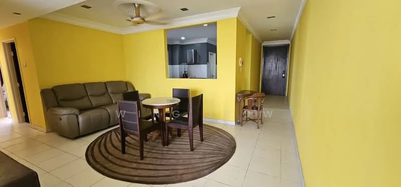 Living features: yellow painted walls, tile flooring, 5-blade ceiling fan, 3-seater fabric sofa in grey, round dining table, 2 dining chairs, area rug with circular pattern, open layout to kitchen, doorway leading to hallway; style: modern.