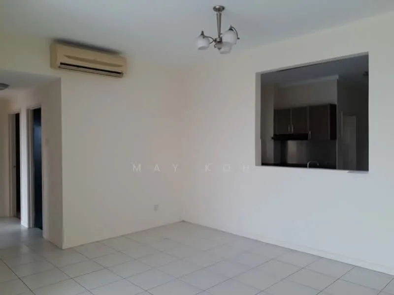 Living features: white painted walls, tile flooring, 5-blade ceiling fan with light, wall-mounted split AC, open kitchen pass-through, neutral color scheme, no visible furniture, large window opening, recessed lighting; style: modern.