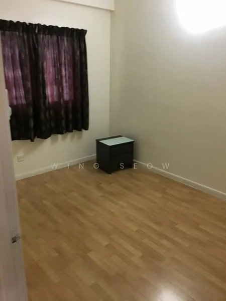 Room features: laminate flooring, white painted walls, dark curtains, single window, small black storage box.