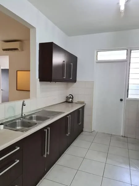 Kitchen features: double-bowl stainless-steel sink, chrome pull-down faucet, laminate countertop, dark wood cabinetry, white tiled backsplash, ceramic tile flooring, wall-mounted air conditioning unit, window with sliding glass, light fixture on ceiling; style: modern.