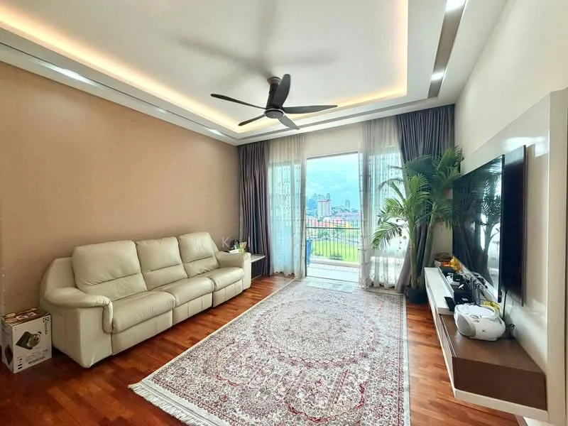 Living features: 3-seater leather sofa in cream, area rug with intricate pattern, wall-mounted TV, TV console, floor-to-ceiling windows, sliding glass door, curtains, ceiling fan with light, wooden flooring, decorative plant, recessed lighting, crown moulding; style: modern; view: city.