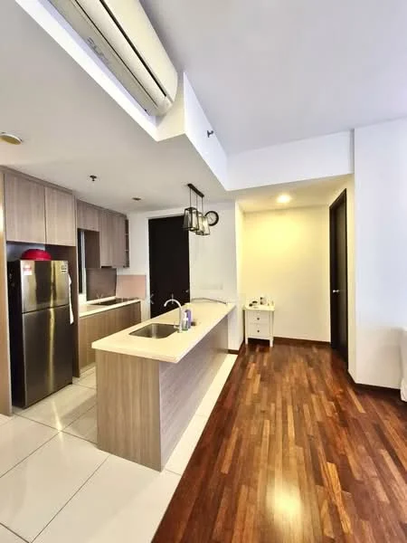 Kitchen features: stainless-steel fridge, single-bowl stainless-steel sink, chrome pull-down faucet, quartz countertop, wood cabinetry, pendant lighting, recessed downlights, tile flooring, open layout, island with seating, wall-mounted split AC; style: modern.