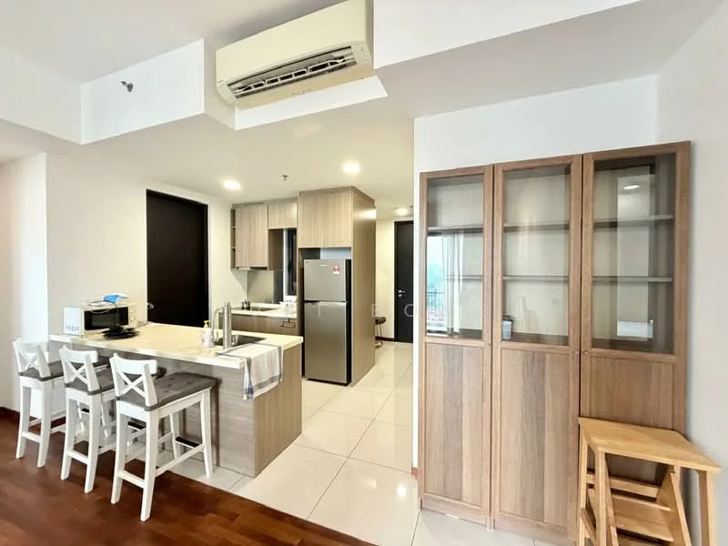 Kitchen features: island kitchen with breakfast bar, stainless-steel fridge, built-in oven, 4-burner gas hob, single-bowl stainless-steel sink, chrome pull-down faucet, wood cabinetry, white quartz countertop, tile backsplash, pendant lighting, recessed downlights, floor-to-ceiling windows, air conditioning unit, open shelving; style: modern; view: city. Dining features: 4-seater dining table, white wooden chairs, wooden side cabinet; style: modern.