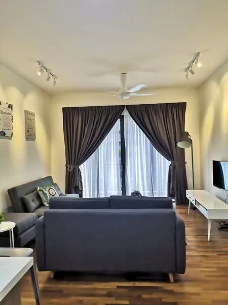 Living features: 3-seater fabric sofa in grey, ceiling fan, recessed downlights, floor-to-ceiling windows, dark curtains, light wood flooring, TV console, wall-mounted TV, decorative wall art, side lamp; style: modern.