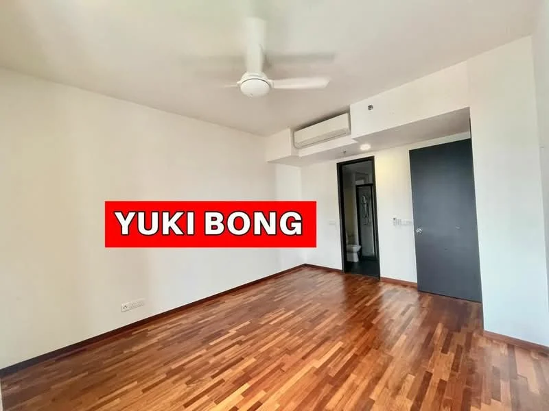 Room features: wooden flooring, white painted walls, ceiling fan, air conditioning unit, door to bathroom, large window, built-in wardrobe.