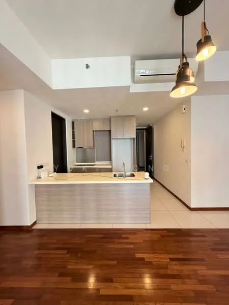 Kitchen features: island kitchen with countertop, stainless-steel sink, chrome pull-down faucet, built-in refrigerator, built-in oven, flat-panel cabinetry in light wood, ceramic tile flooring, recessed downlights, wall-mounted split AC, pendant lighting, open layout, white walls; style: modern.