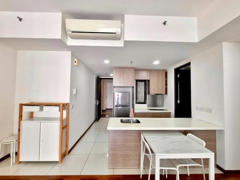 Kitchen features: white painted walls, tile flooring, ceiling with recessed downlights, kitchen island with marble countertop, single-bowl stainless-steel sink, chrome pull-down faucet, wood cabinetry, built-in refrigerator, built-in oven, 4-burner gas hob, 2 white dining chairs, open shelving, air conditioning unit; style: modern.
