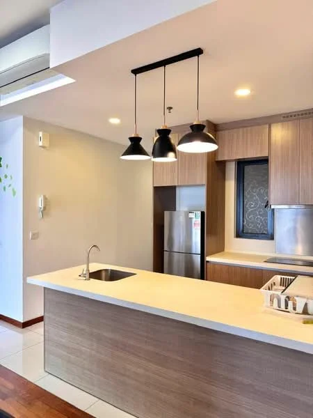 Kitchen features: single-bowl stainless-steel sink, chrome pull-down faucet, quartz countertop, wood cabinetry, stainless-steel fridge, built-in oven, recessed downlights, 3-blade pendant lights, tile flooring, open shelving; style: modern.