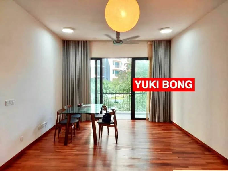 Dining features: wooden flooring, white painted walls, large sliding glass door, floor-to-ceiling windows, sheer curtains, 5-blade ceiling fan, round pendant light, glass dining table, 4 wooden dining chairs; style: modern; view: garden.
