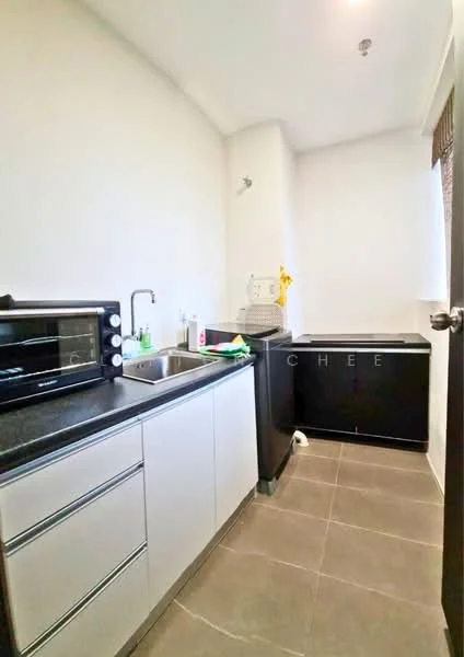 Kitchen features: black granite countertop, white cabinetry, stainless-steel sink, chrome faucet, built-in microwave, black refrigerator, washing machine, grey tile flooring, white painted walls, window with blinds; style: modern.