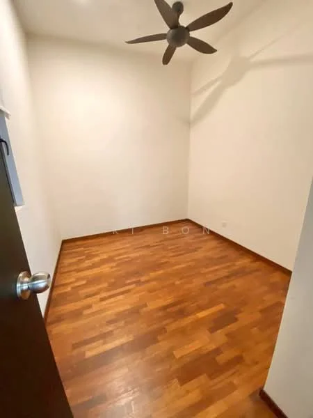 Room features: light brown wooden flooring, white painted walls, ceiling fan, single door, window, no visible furniture.