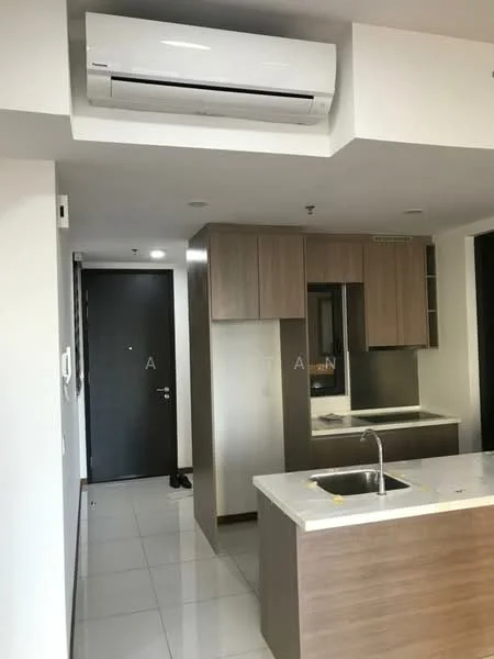 Kitchen features: single-bowl stainless-steel sink, chrome pull-down faucet, marble countertop, wood cabinetry, built-in oven, freestanding range oven, refrigerator, tile flooring, wall-mounted split AC, open shelving, white painted walls, light fixture, kitchen island; style: modern. Room features: main entrance door, white painted walls, tile flooring.