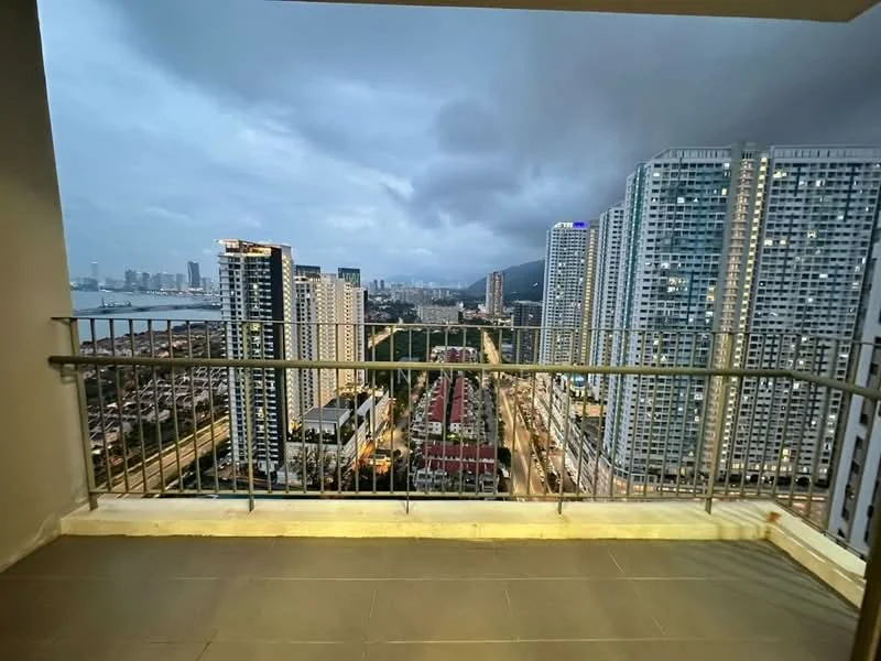 Room features: balcony with railing, city skyline view, grey tiled flooring, concrete wall, overcast sky; style: modern; view: city.