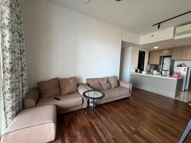 Living features: 3-seater fabric sofa in beige, coffee table with black metal legs, wooden flooring, floor-to-ceiling windows with sheer curtains, wall-mounted air conditioning unit, decorative wall with light-colored paint, open layout to kitchen, area rug; style: modern. Kitchen features: stainless-steel fridge, built-in oven, countertop with light-colored finish, upper cabinetry, lower cabinetry, kitchen island with seating; style: modern.