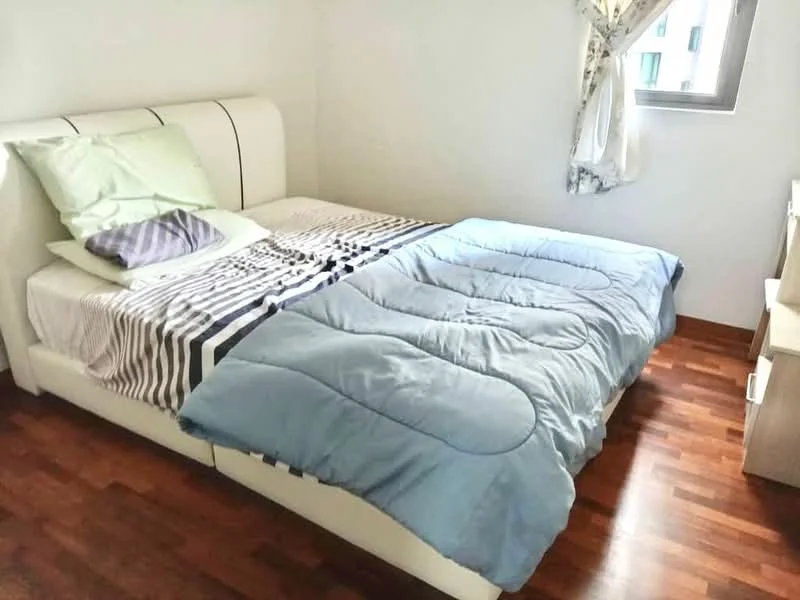 Bedroom features: queen-size bed, white upholstered headboard, striped bedding, blue comforter, wooden flooring, window with sheer curtains, nightstand, decorative pillows; style: modern.