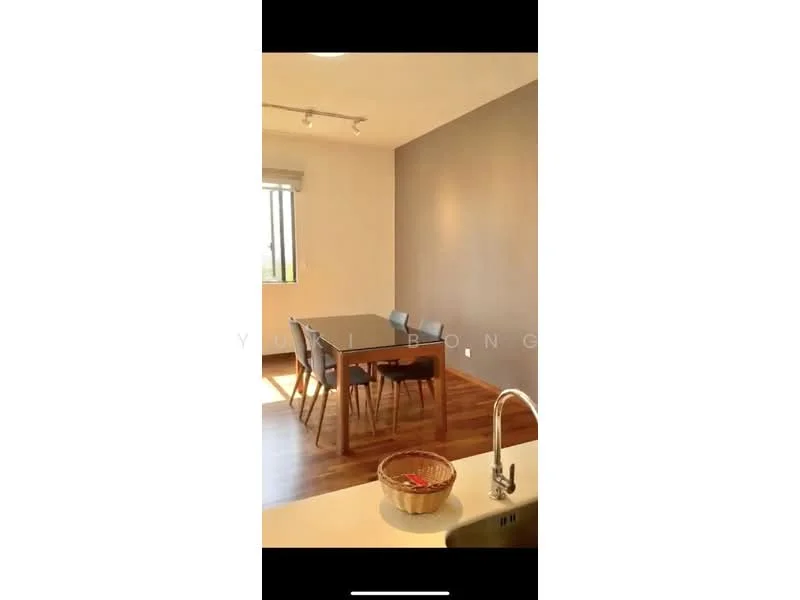 Dining features: wood flooring, grey accent wall, dining table with 6 chairs, floor-to-ceiling window, natural light, recessed downlights; style: modern; view: city. Room features: stainless-steel sink, kitchen cabinetry.