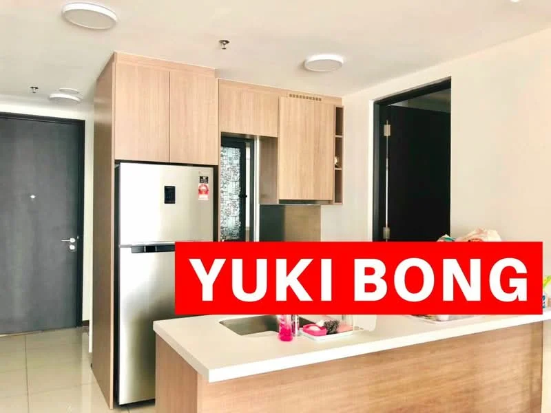 Kitchen features: stainless-steel fridge, wood cabinetry, white countertop, single-bowl stainless-steel sink, chrome pull-down faucet, built-in oven, ceramic tile flooring, recessed downlights; style: modern.