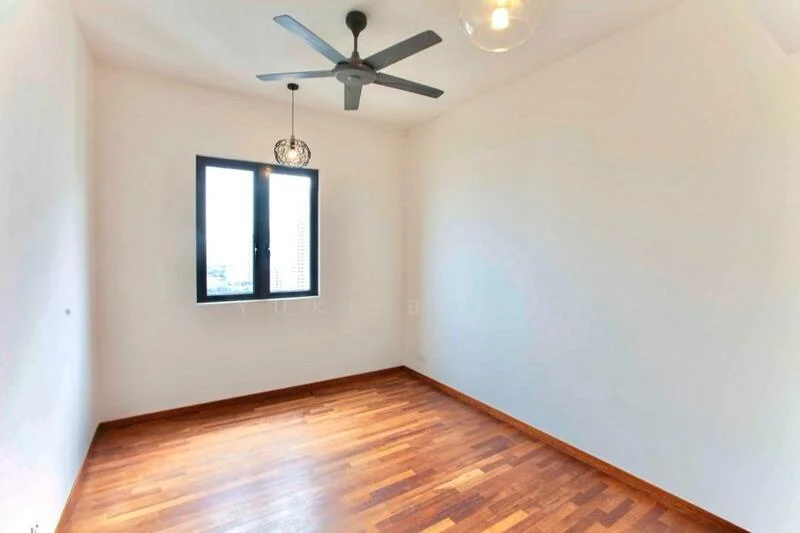 Room features: wooden flooring, white painted walls, 5-blade ceiling fan, hanging pendant light, single window with black frame; style: modern; view: city.