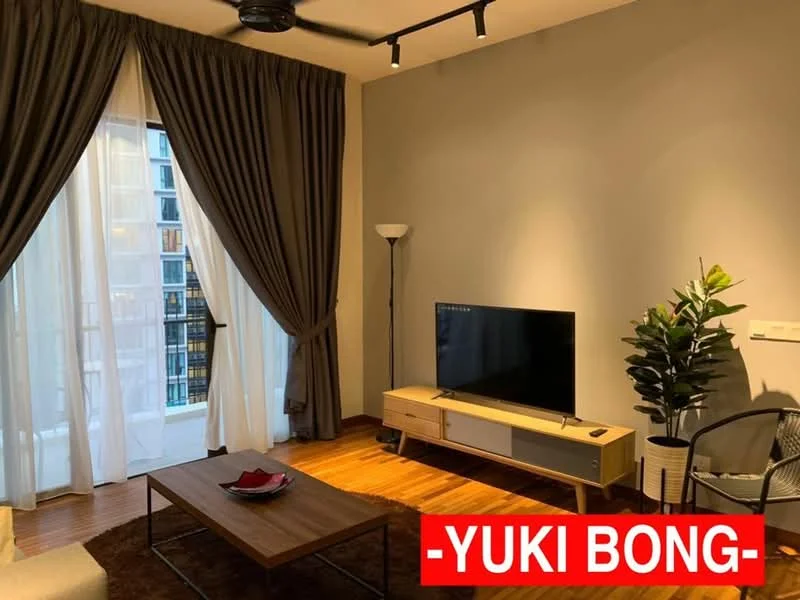 Living features: floor-to-ceiling windows, sheer curtains, dark brown curtains, wooden flooring, 3-seater fabric sofa in beige, coffee table, TV console, wall-mounted TV, decorative plant in pot, floor lamp, area rug with geometric pattern, track lighting; style: modern; view: city.
