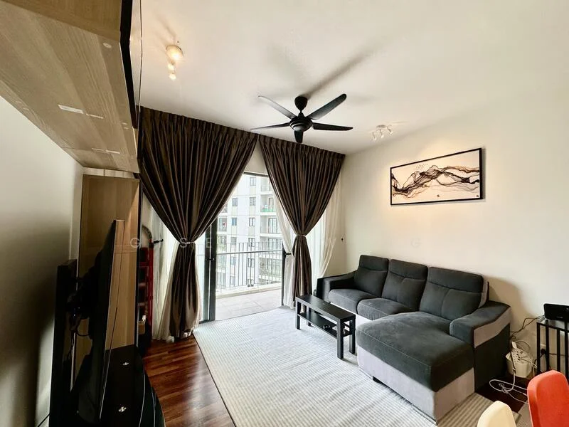 Living features: 3-seater fabric sofa in grey, black coffee table, TV console, wall-mounted TV, floor-to-ceiling windows, sliding glass door, sheer curtains, blackout curtains, ceiling fan with light, wooden flooring, decorative wall art, area rug; style: modern; view: city.