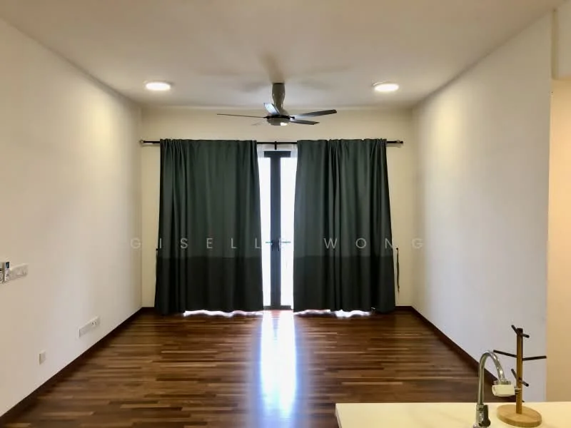 Room features: wooden flooring, white painted walls, ceiling fan, floor-to-ceiling sliding glass door, green curtains, recessed downlights; style: modern.