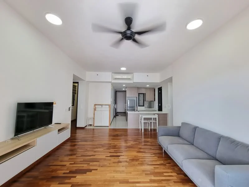 Living features: 3-seater fabric sofa in grey, wall-mounted TV, TV console, wooden flooring, ceiling fan with 5 blades, recessed LED downlights, open layout to kitchen, large windows for natural light; style: modern. Kitchen features: kitchen island with seating, stainless-steel appliances, built-in oven, refrigerator, light wood cabinetry, white countertops, open layout to living area; style: modern.