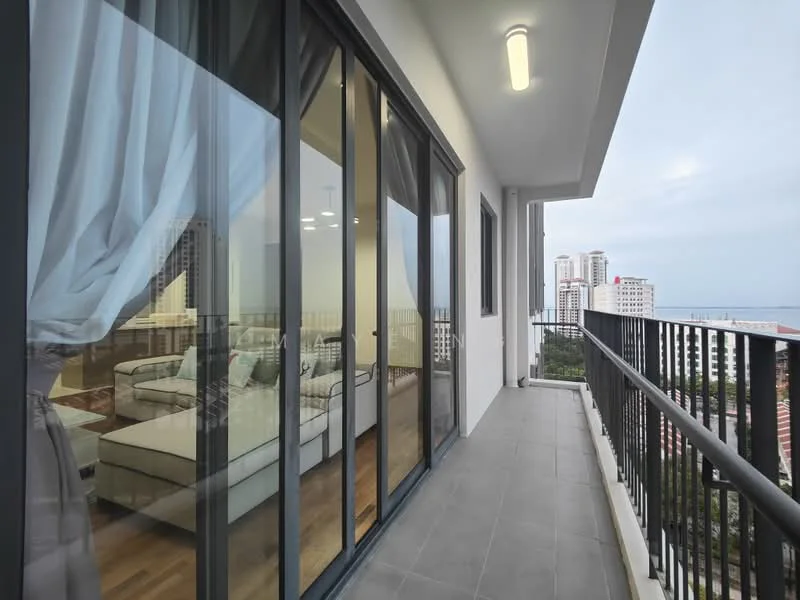 Room features: sliding glass door, floor-to-ceiling windows, curtains, grey tiled flooring, balcony railing, city view, outdoor space, lighting fixtures; style: modern; view: city.