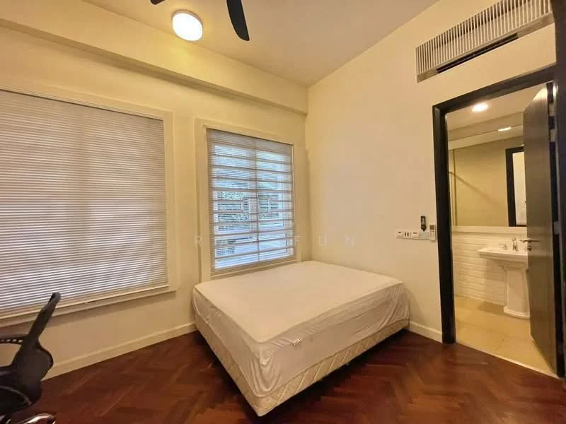 Bedroom features: queen-size bed frame without mattress, wooden herringbone flooring, white painted walls, ceiling light fixture, ceiling fan, window with blinds, built-in wardrobe with mirror, door leading to bathroom; style: modern.
