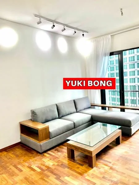 Living features: L-shape sectional sofa in grey, wooden side table, glass coffee table, wooden flooring, white painted walls, track lighting, floor-to-ceiling windows, sheer curtains; style: modern.