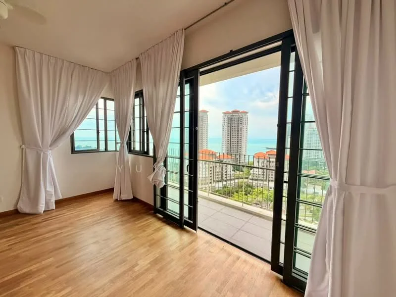Room features: wooden flooring, floor-to-ceiling windows, black framed sliding doors, sheer white curtains, city view, sea view, balcony access, ceiling fan; style: modern; view: city.