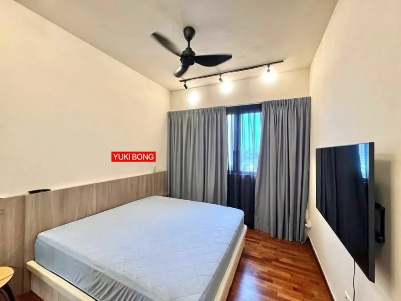 Bedroom features: queen-size bed, wooden flooring, white painted walls, ceiling fan, recessed LED downlights, floor-to-ceiling window, blackout curtains, wall-mounted TV, nightstand; style: modern.