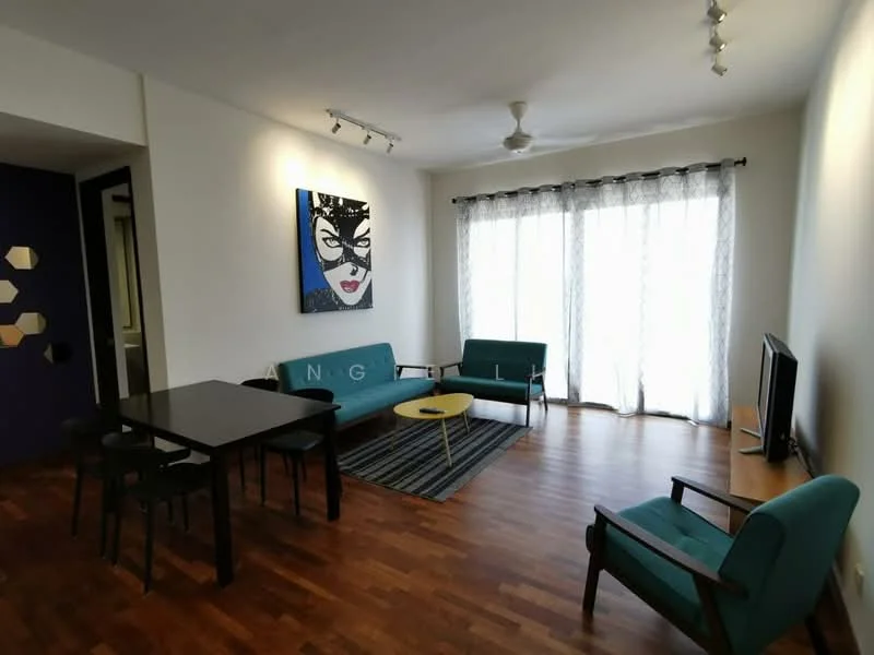 Living features: wooden flooring, white painted walls, 5-blade ceiling fan with light, floor-to-ceiling windows, sheer curtains, sofa in teal, 2-seater sofa in teal, black dining table, black and yellow round coffee table, decorative artwork on wall, area rug with geometric pattern, wall-mounted TV; style: modern.