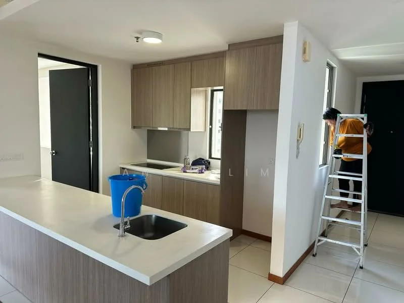 Kitchen features: white quartz countertop, single-bowl stainless-steel sink, chrome pull-down faucet, wood cabinetry with a light finish, built-in oven, ceramic tile flooring, recessed downlights, open shelving, window above sink, kitchen island with seating, neutral painted walls; style: modern.