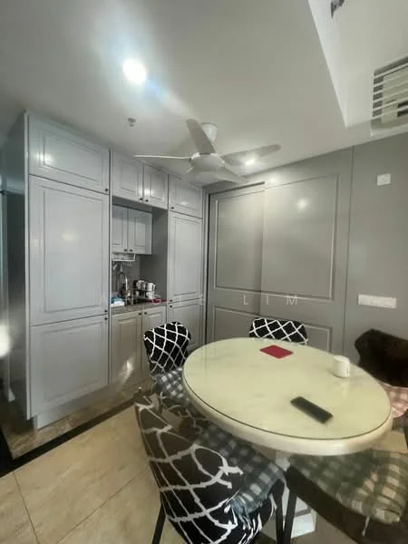 Kitchen features: grey cabinetry, white countertop, stainless-steel sink, chrome faucet, built-in microwave, freestanding coffee machine, 4-burner gas hob, recessed downlights, ceiling fan, tile flooring, round dining table, upholstered dining chairs with geometric pattern; style: modern.