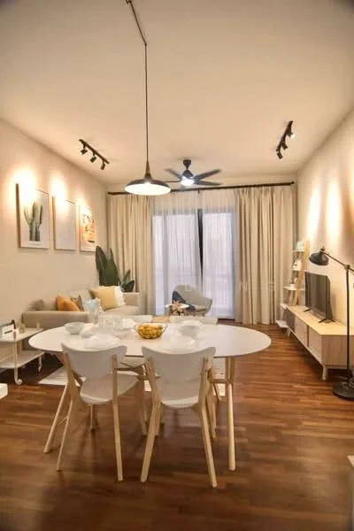 Living features: light wood flooring, white walls, 5-blade ceiling fan with light, recessed LED downlights, large sliding glass door, sheer curtains, TV console, wall-mounted TV, decorative plants, round dining table, 4 white dining chairs, decorative artwork on walls, sofa with cushions, floor lamp; style: modern.