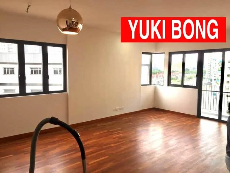 Living features: wooden flooring, white painted walls, floor-to-ceiling windows, multiple windows, modern pendant light, open layout, city view, vacuum cleaner visible; style: modern; view: city.