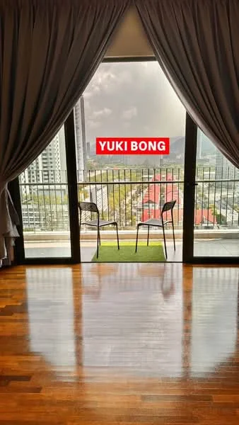 Room features: wooden flooring, floor-to-ceiling windows, curtains, balcony with view, two outdoor chairs, green grass mat, city view, natural light; style: modern; view: city.