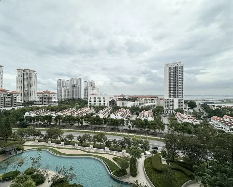 Exterior type: high-rise condominium; features: swimming pool deck, landscaped garden, manicured lawn, multiple high-rise buildings, residential units with balconies, paved walkway, surrounding greenery, city skyline in background; style: modern.