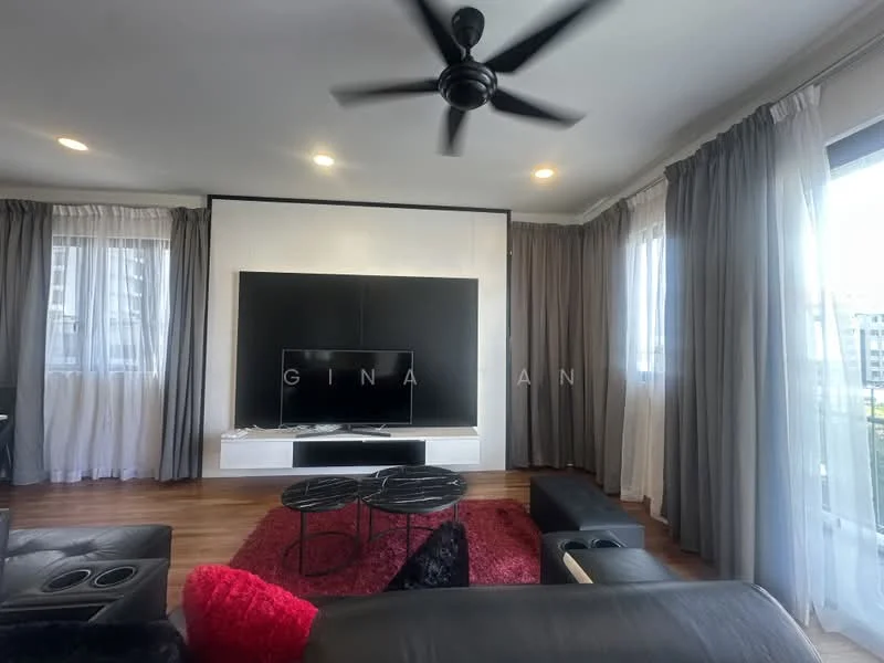 Living features: black leather sectional sofa, black coffee table, red area rug, wall-mounted TV, white media console, 5-blade ceiling fan, floor-to-ceiling windows, sheer curtains, grey curtains, wooden flooring, recessed downlights; style: modern; view: city.