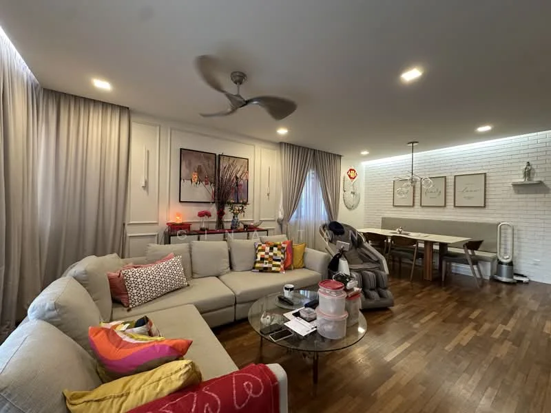 Living features: L-shape sectional sofa in light grey, colorful throw pillows, glass coffee table, wooden flooring, 5-blade ceiling fan with light, recessed LED downlights, white painted walls, decorative wall art, curtains, dining area with wooden dining table, wall-mounted decor, air purifier; style: modern.
