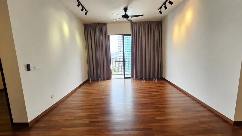Living features: wooden flooring, white painted walls, 5-blade ceiling fan with light, recessed LED downlights, floor-to-ceiling windows, sliding glass door, curtains, balcony access; style: modern; view: city.