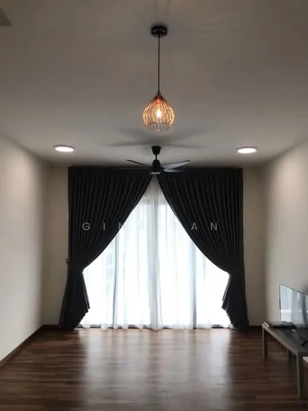 Living features: wooden flooring, white painted walls, 5-blade ceiling fan with light, recessed LED downlights, floor-to-ceiling windows, sheer curtains, blackout curtains, hanging pendant light, TV console, area rug; style: modern.