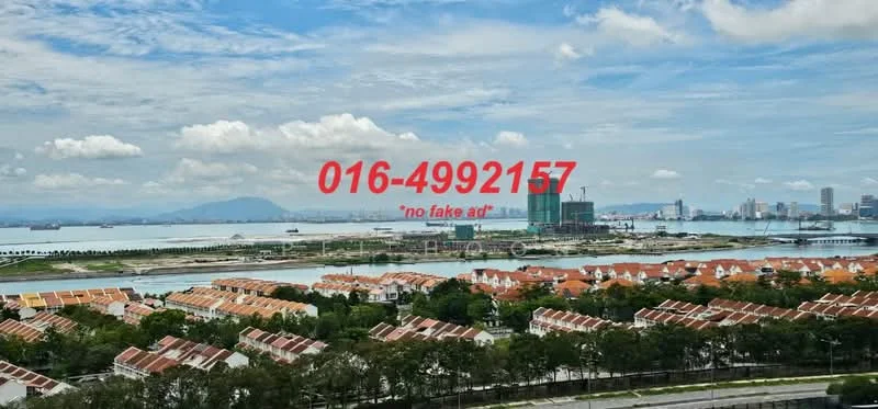 Exterior type: linked terrace house; features: view of city skyline, manicured lawn, mature trees, rooftop with pitched tile roof, surrounded by greenery, waterfront view, multiple storey buildings, urban context; style: modern.