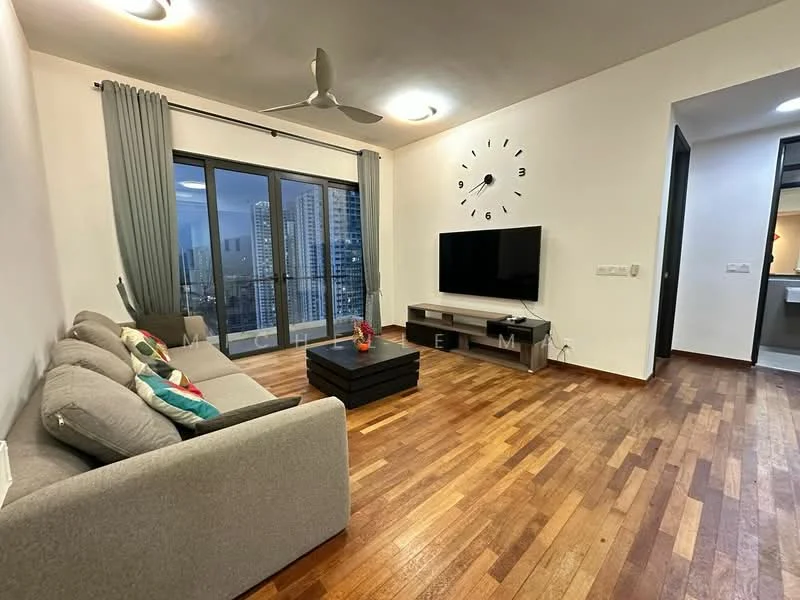 Living features: 3-seater fabric sofa in grey, decorative cushions, coffee table, wall-mounted TV, TV console, wooden flooring, floor-to-ceiling windows, curtains, 5-blade ceiling fan with light, clock on wall, decorative plant; style: modern; view: city.